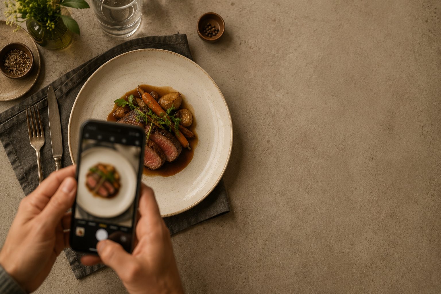 Vue plongeante : une main photographie l’assiette dressée avec son téléphone.