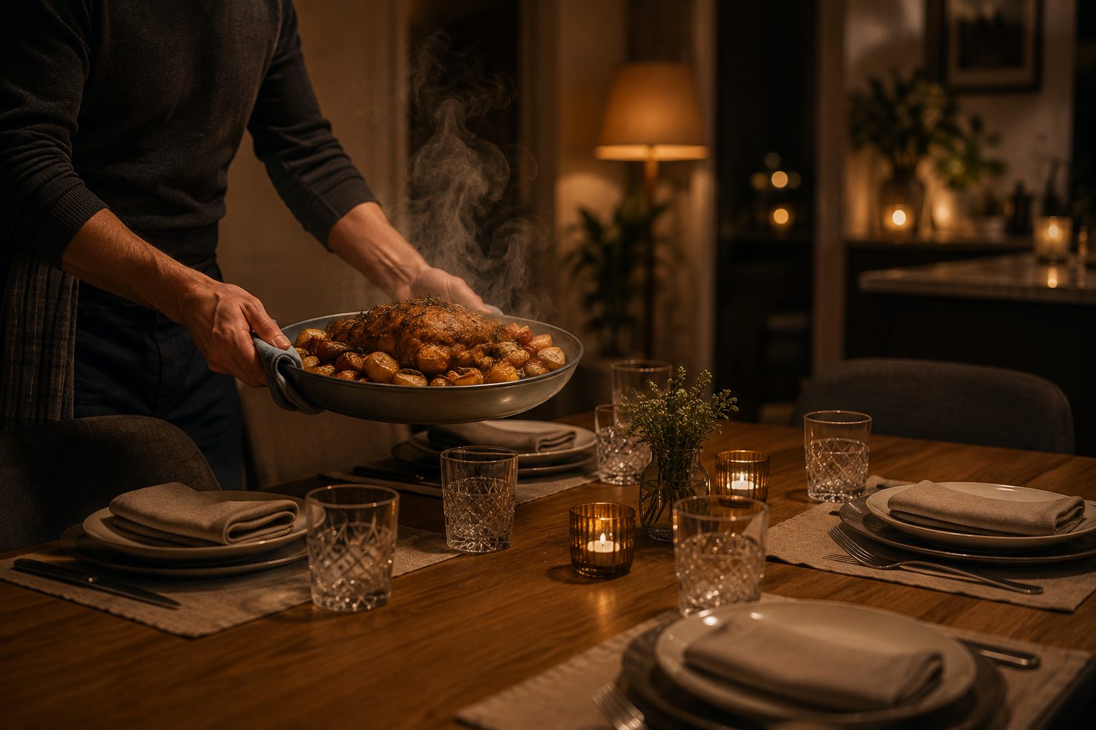Un plat fumant porté vers la table dressée, où le vin manque encore.