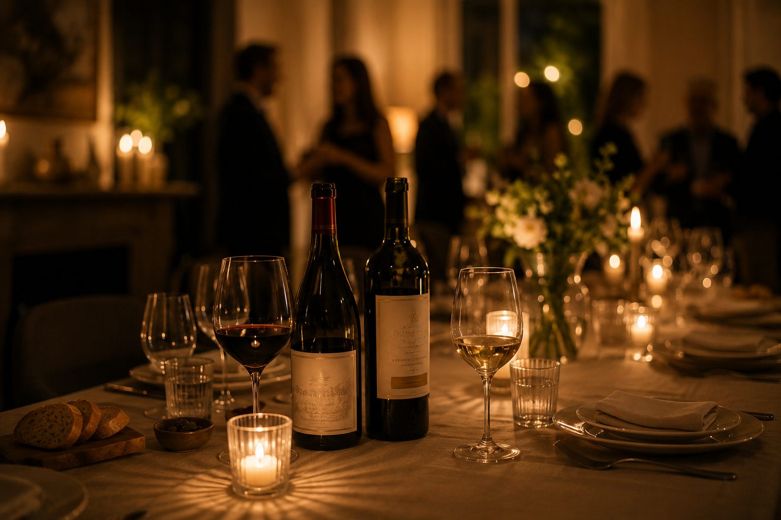Une table de réception aux bougies, deux vins ouverts, les invités en arrière-plan.