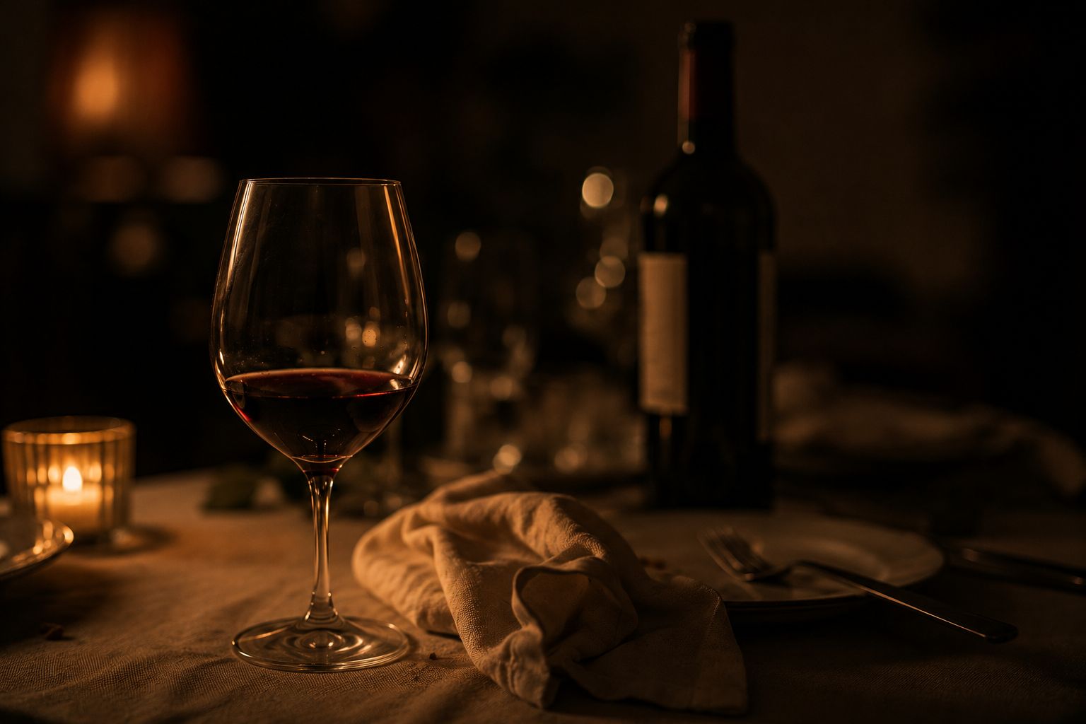 A cleared table at the end of the evening: a glass of red wine still half full, the opened bottle behind it, in candlelight.