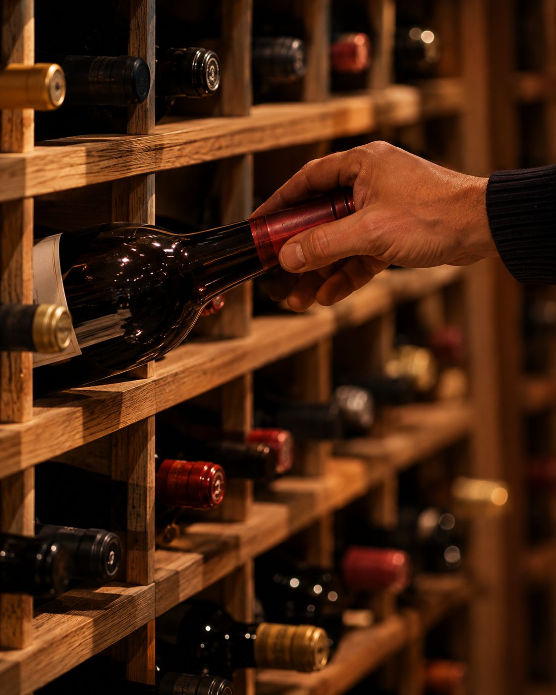 A hand draws a bottle from its slot in a wooden cellar rack, with a calm, certain gesture.