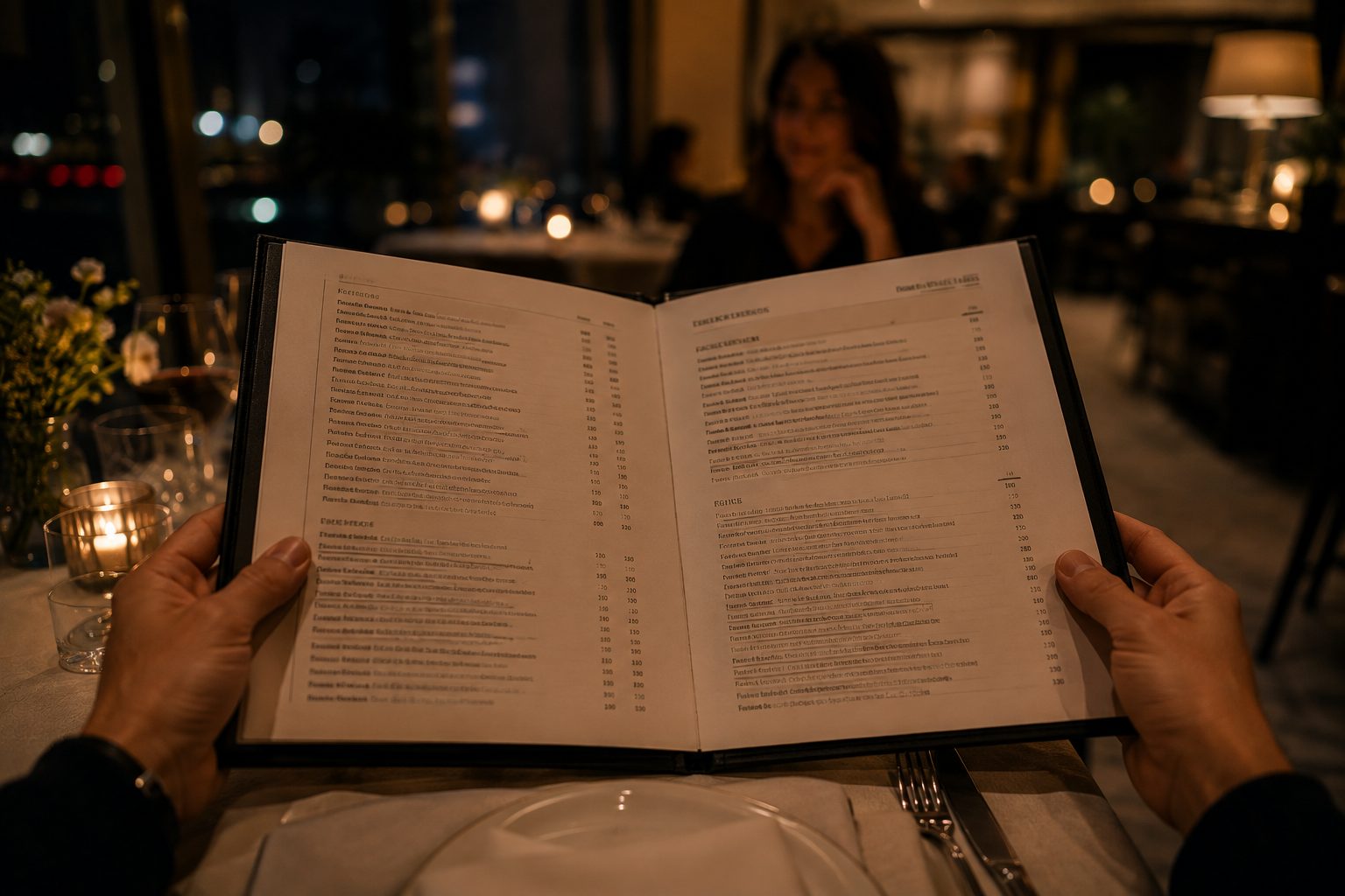 Vue à la première personne : une carte des vins dense, ouverte à deux mains, dans un restaurant le soir.