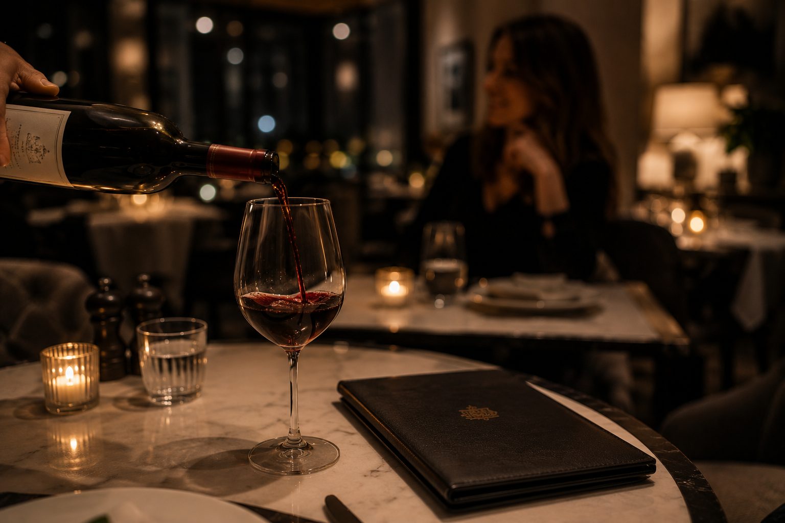 Le vin choisi est versé au restaurant ; la carte des vins, refermée, repose au coin de la table.