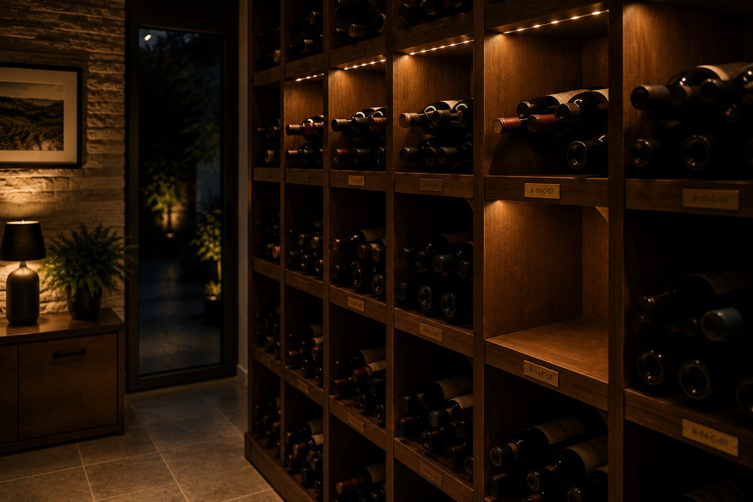 Le cellier la nuit, apaisé : une case vide, celle de la bouteille qu’on vient de prendre.
