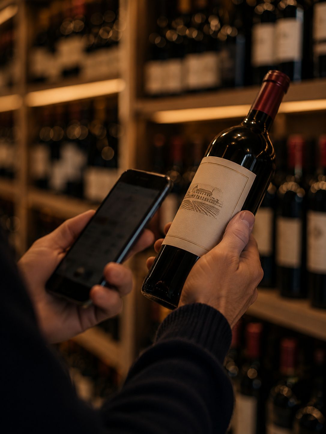Une main tient une bouteille inclinée devant le rayon, l’autre un téléphone à moitié cadré, écran non lisible.