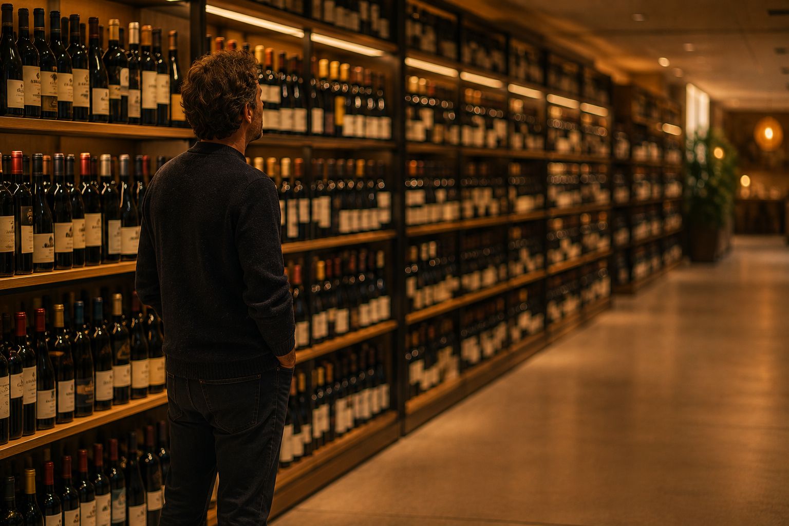 Une personne seule, de dos, immobile devant un grand rayon de vins à la lumière chaleureuse.