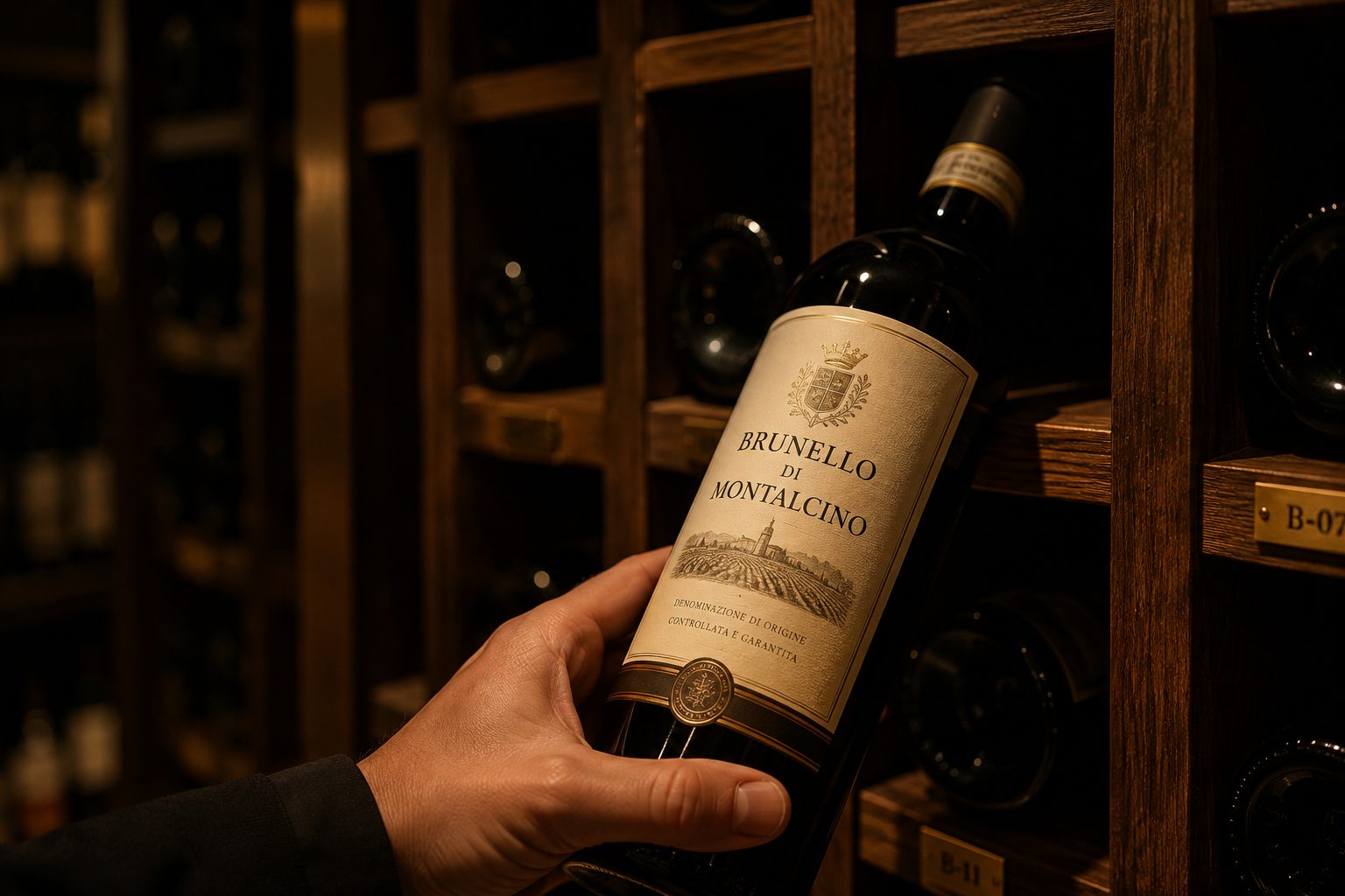 Une bouteille de Brunello di Montalcino à moitié tirée de sa case, dans une cave.