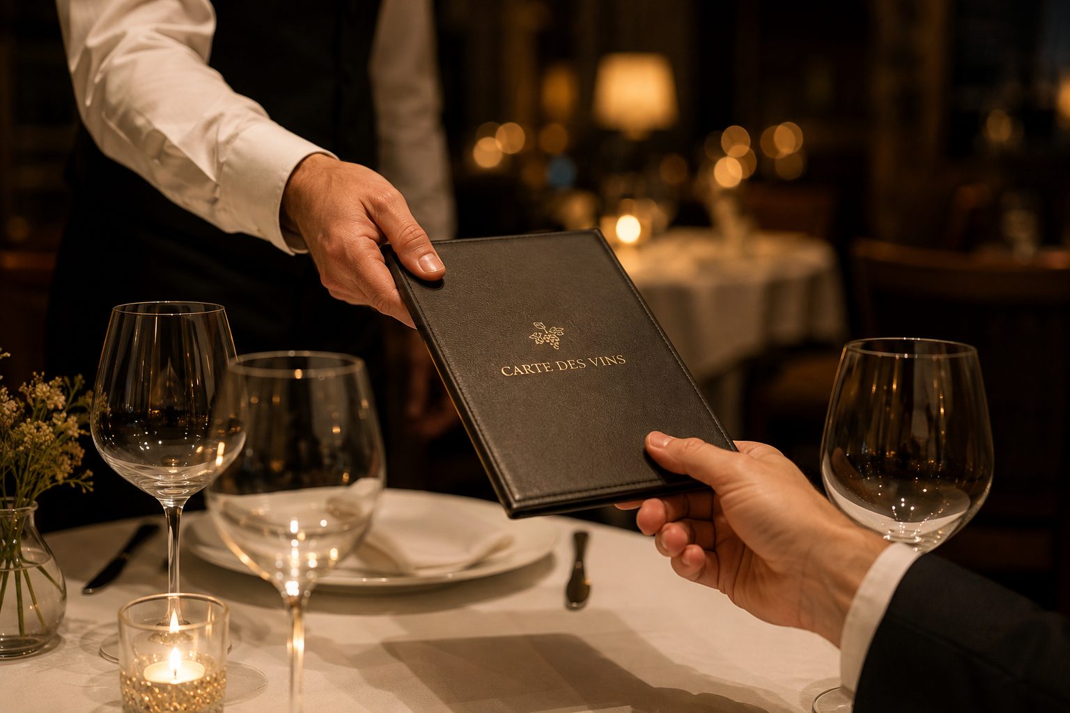 La carte des vins, remise au convive dans un restaurant le soir.
