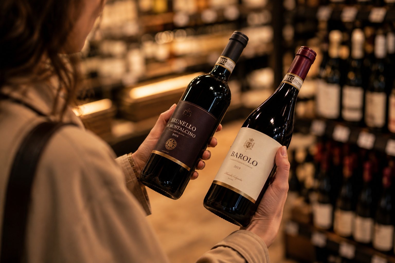 Deux bouteilles comparées à deux mains devant le rayon d’un point de vente de vins.