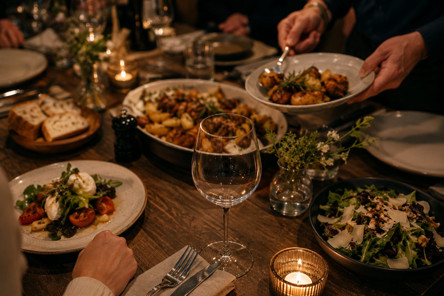 La table du souper, le service en cours, et un verre à vin encore vide.