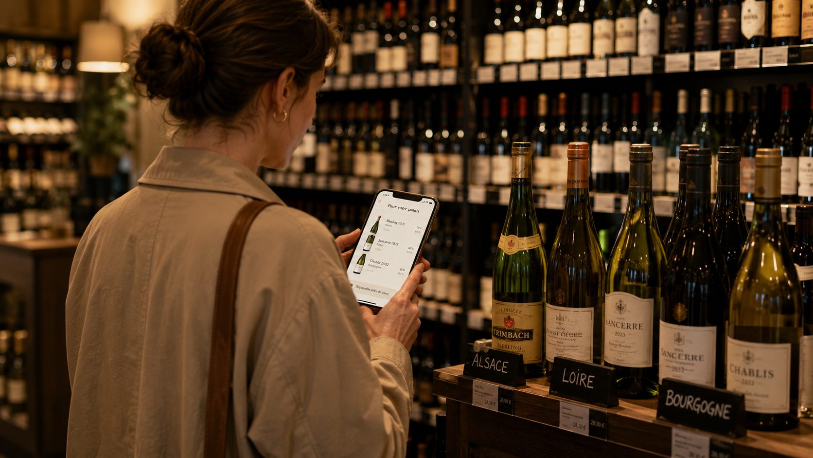 Dans un point de vente de vins, une cliente consulte les suggestions d’Octave sur son téléphone.