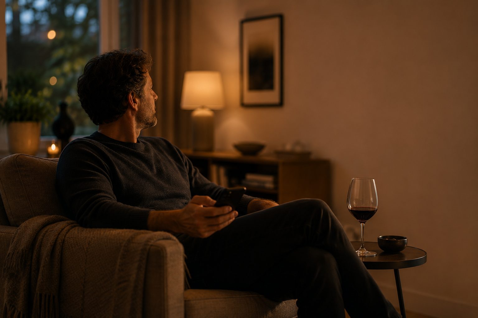 At dusk, someone relaxed in an armchair chats with Octave, a barely touched glass nearby.