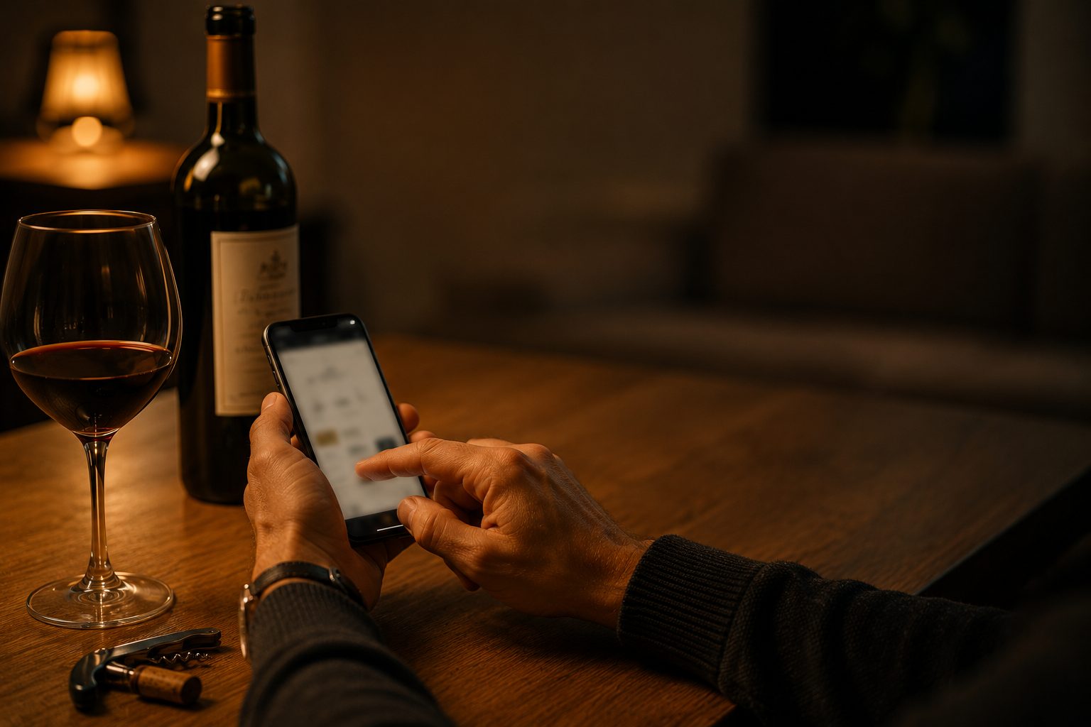 After the first sip, a hand notes the tasting on a phone, glass poured and bottle open.
