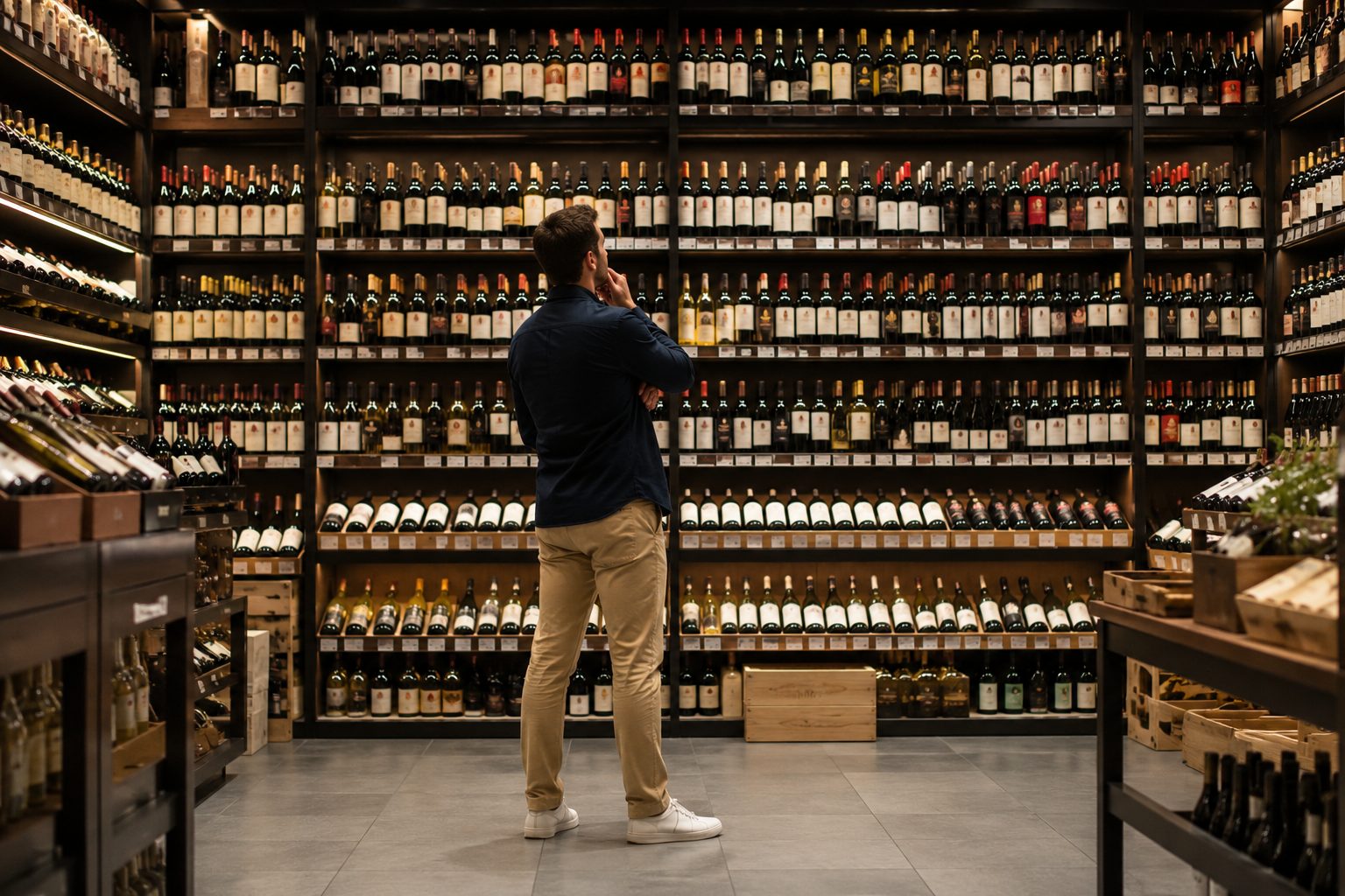 Dans un point de vente de vins, un homme hésite devant un mur de bouteilles.