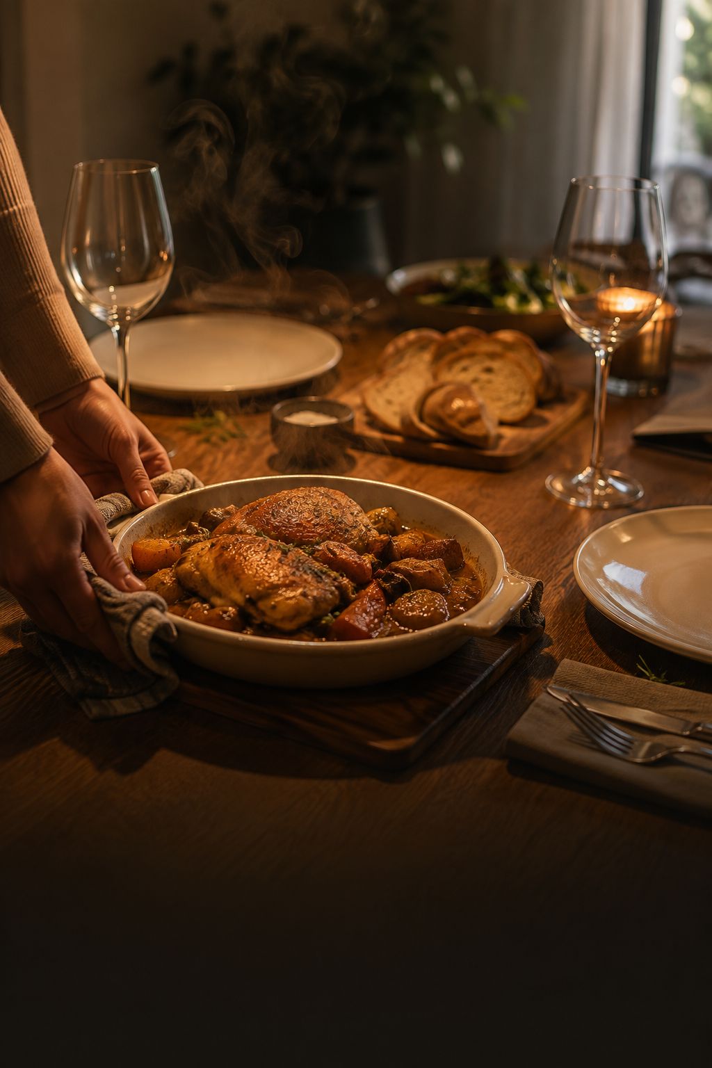 Un plat fumant posé à deux mains sur une table de maison dressée, les verres à vin encore vides.