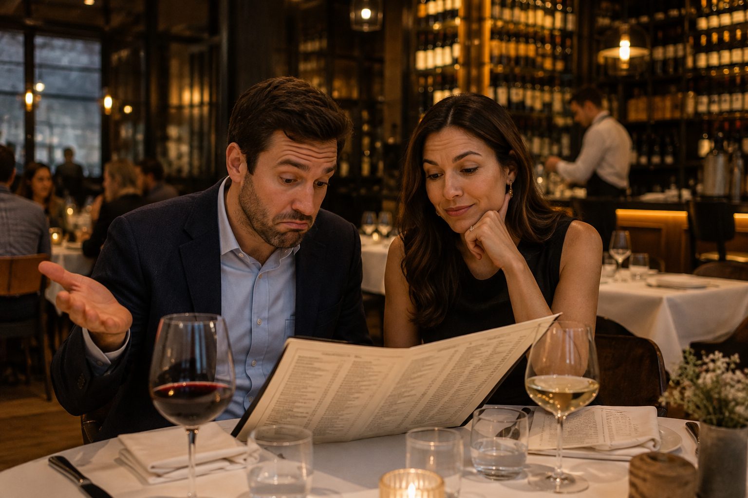 Au restaurant, un couple parcourt une longue carte des vins.