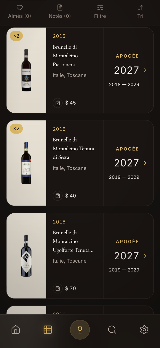 La liste de cave : chaque bouteille avec son prix et sa fenêtre d’apogée.