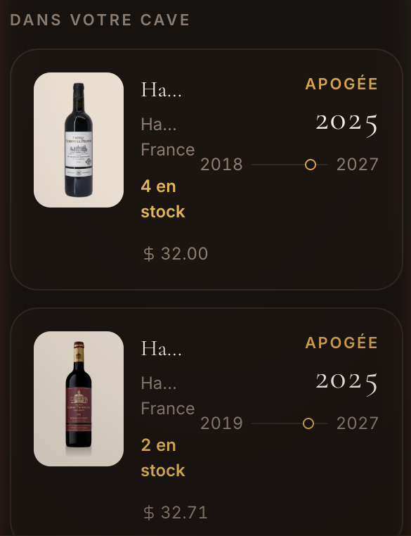 Real screen: two bottles from the cellar, each with its peak marker and window years.