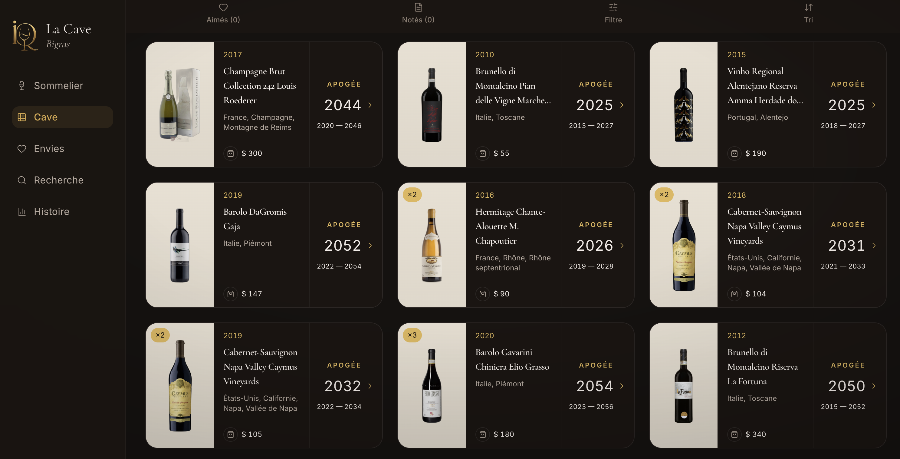 Le cellier visuel d’iQWine : sections, rangées et cases, chaque bouteille à sa place.